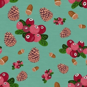 Cranberries, Acorns and Pinecones - Aqua Teal