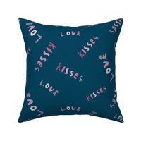 The words love and kisses playful tossed and cute on a navy blue background