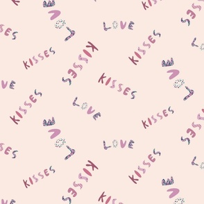 The words love and kisses playful tossed and cute on roze quartz background