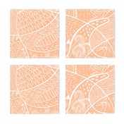 Faux block print doodles with birds and mouse, handdrawn on Pantone colour of the year 2024 peach fuzz 24” repeat