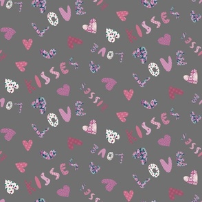 Valentine hearts love and kisses on a taupe dark gray background - patchwork style - cute and fun