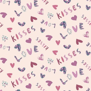 Hearts love and kisses on a roze quartz background - patchwork style - cute and fun