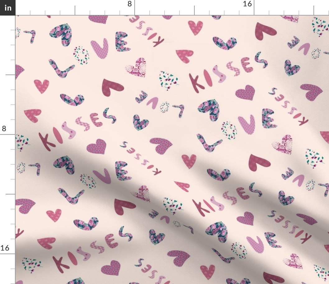 Hearts love and kisses on a roze quartz background - patchwork style - cute and fun