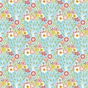 Light blue kitschy print with multicolor retro floral bouquets - small repeat.