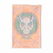 chinese dragon and clouds in peach and matte green – Tea Towel