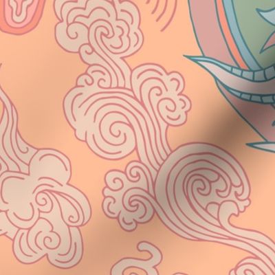 chinese dragon and clouds in peach and matte green – Tea Towel