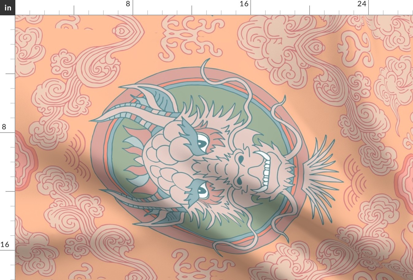 chinese dragon and clouds in peach and matte green – Tea Towel