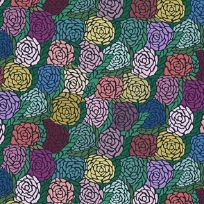 Vintage style allover floral packed on dark background with multicolor foliage.
