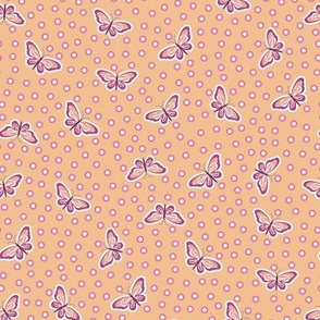 Minimalist retro style butterflies with pink and white polka dots on apricot - mid size.