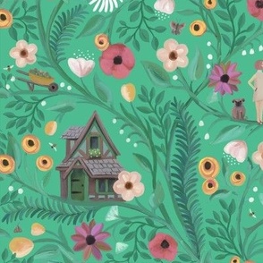 Whimsical garden scene with cute floral vines - tonal green and all over - large scale  .