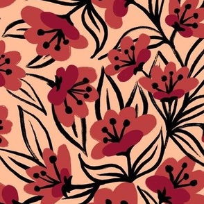 Terracotta Flowers with Black Leaves on Peach Fuzz Background