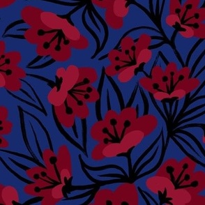 Burgundy Red Flowers on Dark Blue Background