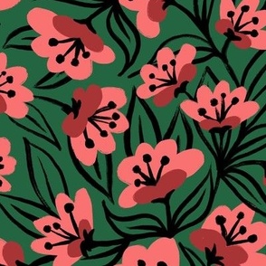 Peach Pink Flowers on Green Background