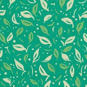 Ditsy Pear Leaves Blue-Green Background