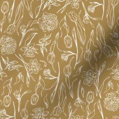 Floral Line Art, Gold, Yellow