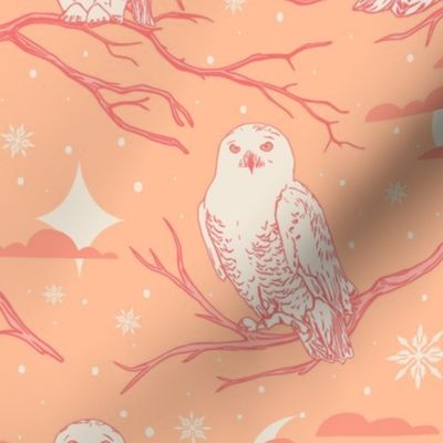 Snowy Owl Winter Medium - Peach Fuzz, Pink, Snowflakes, Moons, Stars, Clouds, Night, Christmas (medium)