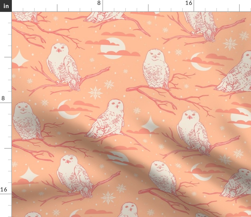 Snowy Owl Winter Medium - Peach Fuzz, Pink, Snowflakes, Moons, Stars, Clouds, Night, Christmas (medium)