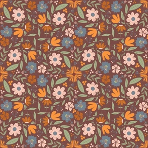 Retro Florals | Orange Blue Pink and Green Florals on Burgundy | Fall Time Florals 