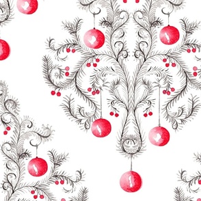 Christmas Damask in Red and Silver - Medium Scale
