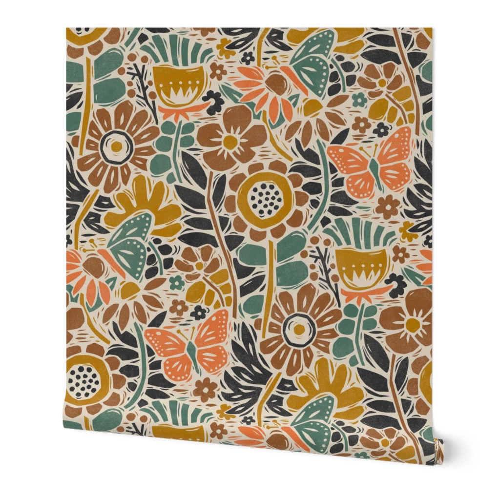 Block Print Butterfly Garden in Earth Tones – Large Scale