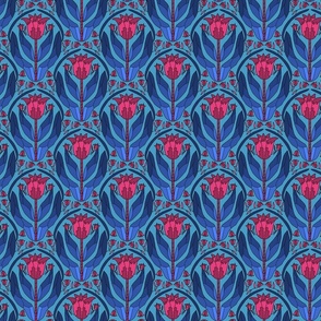 Tulips Art Nouveau - Charcoal and Persian Blue papel de parede