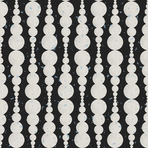 Large Abstract Block Printed Stacked Off-White Ecru Circles Dots On Soft Black with Light Blue speckles