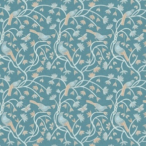 Birds on Vines, teal and tan, small scale