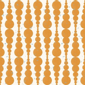 Large Abstract Block Printed Stacked Orange Circles Dots On Off-White Ecru with Light Blue speckles