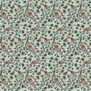 Birds on Vines in Green and Coral, small scale