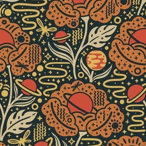 Dreamy Floral Galaxy | Large Scale | Maximalist Celestial Flowers in Space | Retro Orange Red Yellow