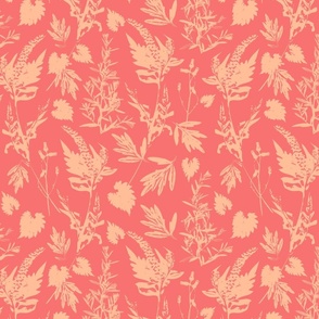Medium scale traditional botanical print with flowers, plants, leaves and wild rosemary  in peach and orange red.