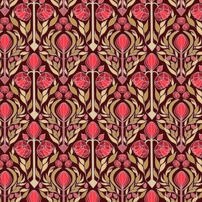 art deco peonies in red and gold mustard, small scale, 5.25" 