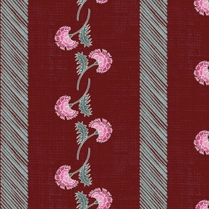 Batik Falling Marigolds (Jumbo) - Eucalyptus Flower Pink and Eucalyptus Leaf Green on Rich Burgundy  (TBS220)