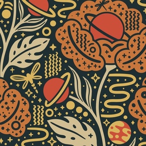 Dreamy Floral Galaxy | Jumbo Scale | Maximalist Celestial Flowers in Space | Retro Orange Red Yellow