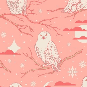 Snowy Owl Winter Large - Peach Pearl, Pink, Peach Fuzz Compliment, Snowflakes, Moons, Stars, Clouds, Night, Valentines Day (large)