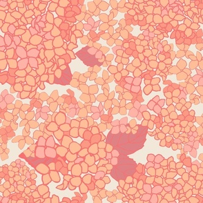 Peach Fuzz Hydrangeas, hand drawn monochromatic orange tones.  For quilting and sewing projects