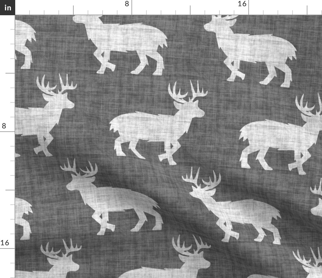 Shaggy Deer on Linen - Large - Grey Gray Animal Rustic Cabincore Boys Masculine Men Outdoors Hunting Cabincore