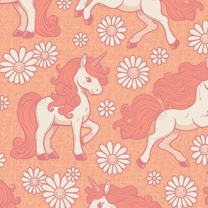 Enchanted Meadow: Cute Unicorns and Daisy Smiles in Peach Fuzz