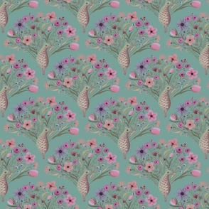 Soft color themed graphical peacocks with dainty  floral tails - whimsical and maximalist  - small print.