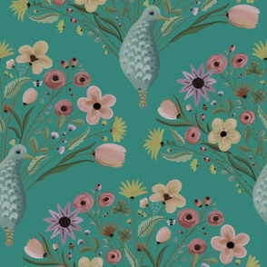 Magical peacocks with cute floral tails with bees, ladybirds and spider webs for kids room wallpaper - large size  print.