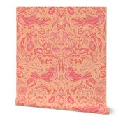 Peach Woodland Starlings Damask | Coquette, Bows and Ribbons, Historical Birds, Gothic Revival, Medieval, Fluer-de-lis, French, Magic Stars
