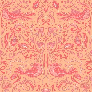 Peach Woodland Starlings Damask | Coquette, Bows and Ribbons, Historical Birds, Gothic Revival, Medieval, Fluer-de-lis, French, Magic Stars
