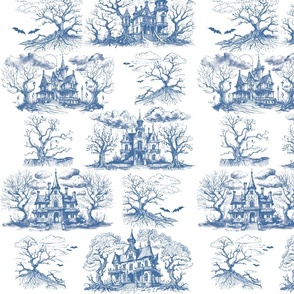 haunted houses with dead trees and bats blue toile