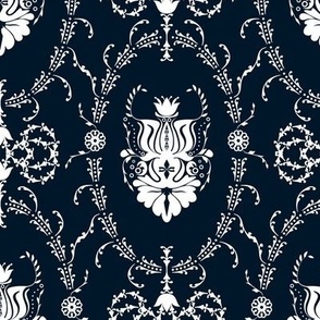 Damask pattern white on dark blue background