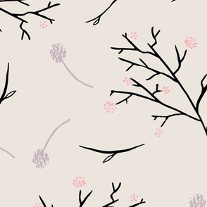 Delicate branches with pink petals on a beige background.  Bigger 16 inches