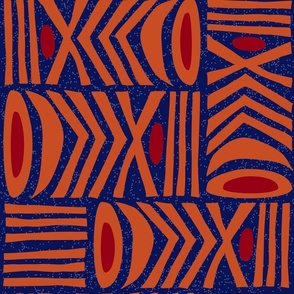 (L) Graphic Modern Tribal Folk Art Boho Geometric Blue, Orange and Red