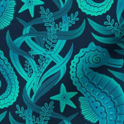 Seahorses and Starfish in Cyan and Blue Large 