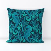 Seahorses and Starfish in Cyan and Blue Large 