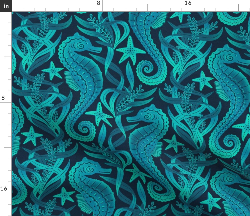 Seahorses and Starfish in Cyan and Blue Large 