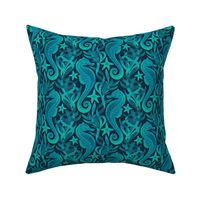 Seahorses and Starfish in Cyan and Blue Medium